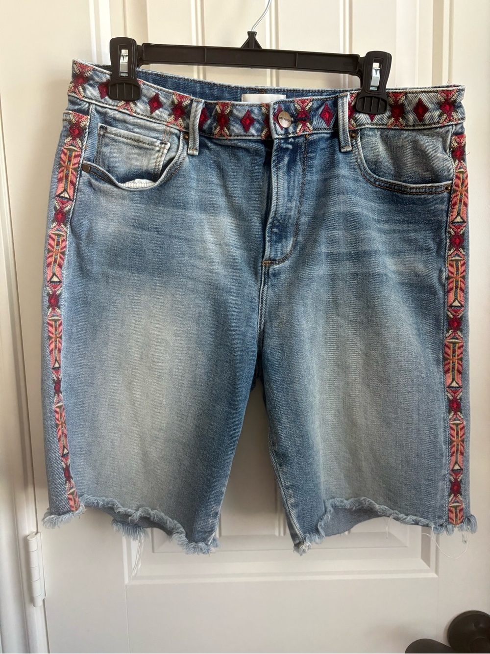 DRIFTWOOD Light Blue Denim Bermuda Shorts with Red Embroidered Trim